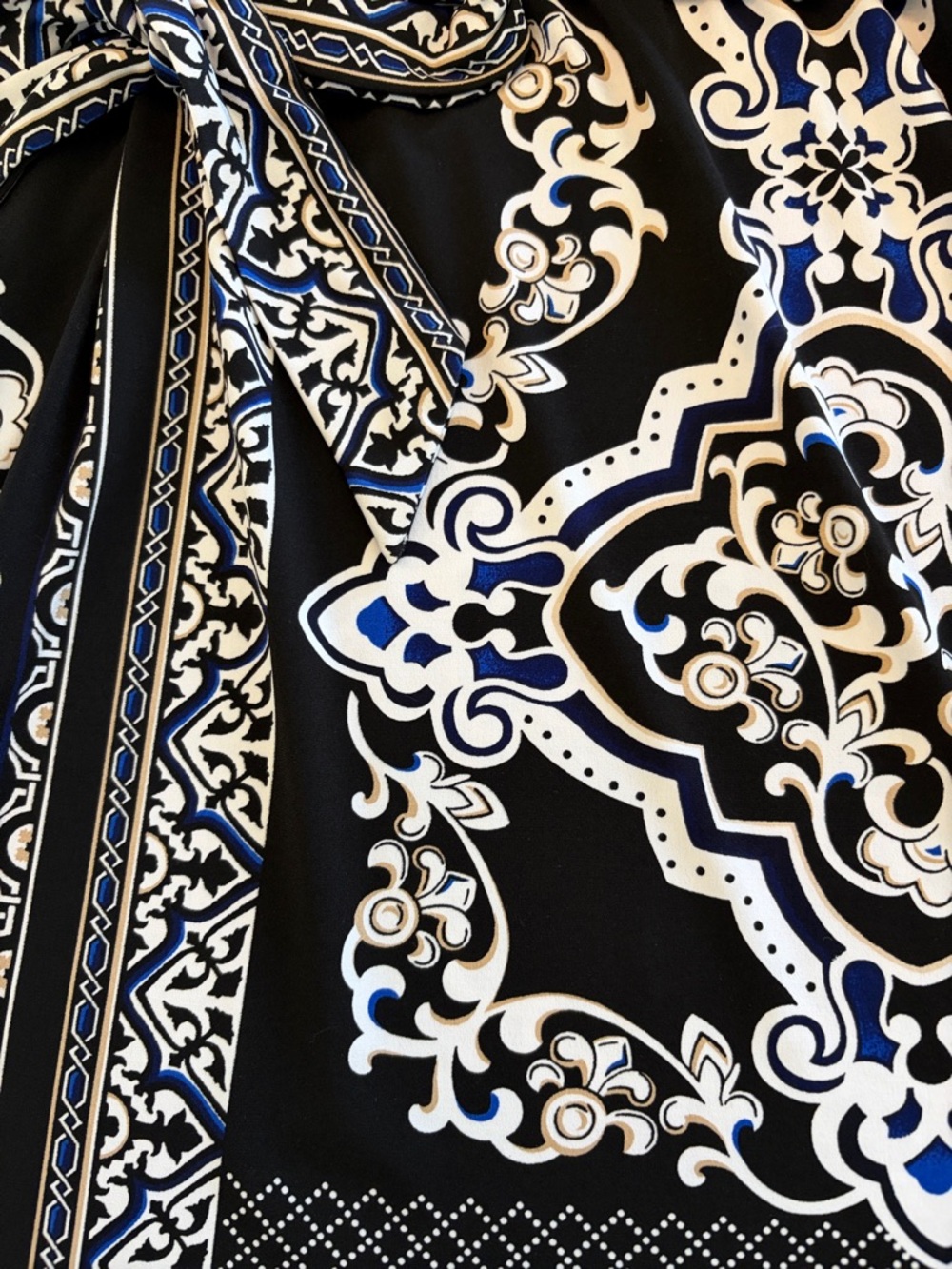 White House Black Market Strapless Black, White & Blue Printed Tie-Waist Dress - Picture 4 of 10